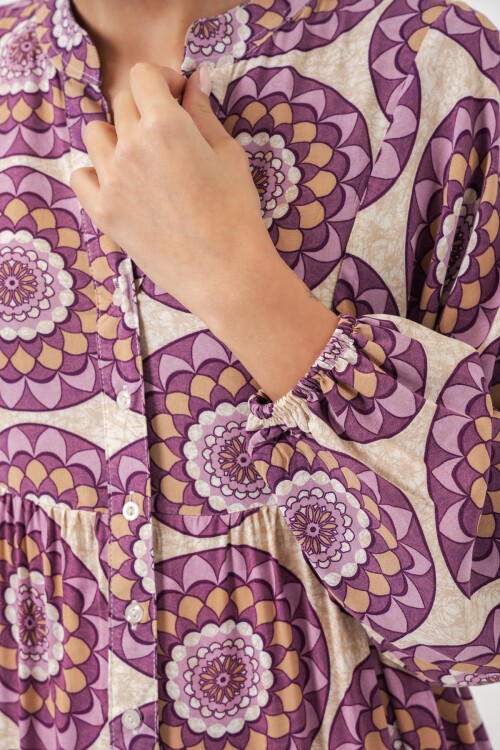 Kadın Desenli Uzun Tesettür Elbise 2585 - B.Lila