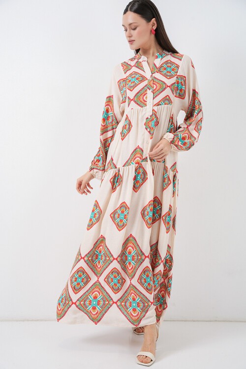 Kadın Desenli Uzun Tesettür Elbise 2585 - Bej