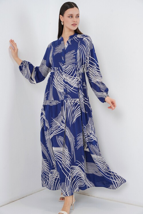 Kadın Desenli Uzun Tesettür Elbise 2585 - C.Lacivert