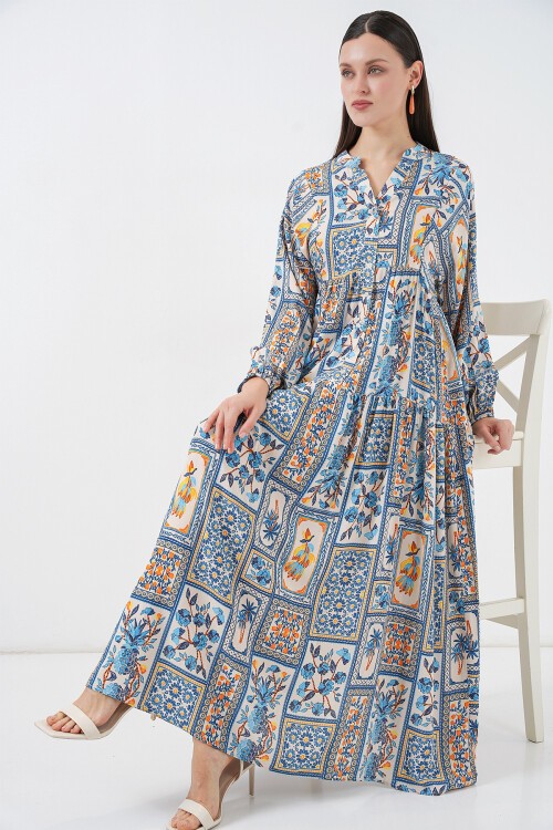 Kadın Desenli Uzun Tesettür Elbise 2585 - E. Mavi