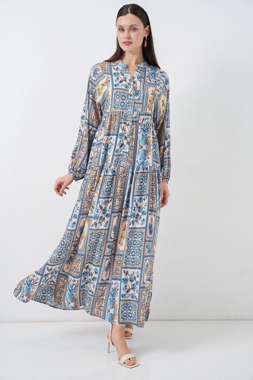 Kadın Desenli Uzun Tesettür Elbise 2585 - E. Mavi