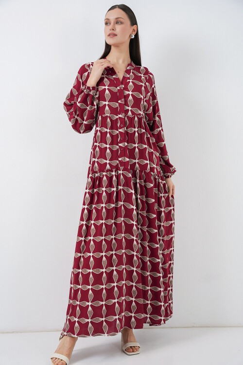 Kadın Desenli Uzun Tesettür Elbise 2585 - F.Bordo