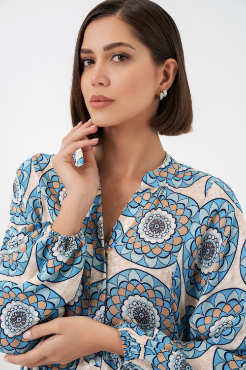 Kadın Desenli Uzun Tesettür Elbise 2585 - F.Mint