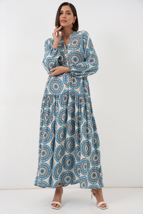 Kadın Desenli Uzun Tesettür Elbise 2585 - F.Mint