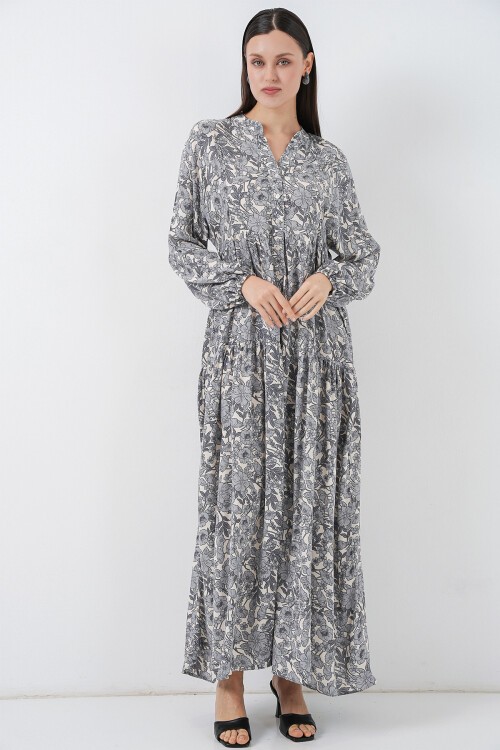 Kadın Desenli Uzun Tesettür Elbise 2585 - Gri