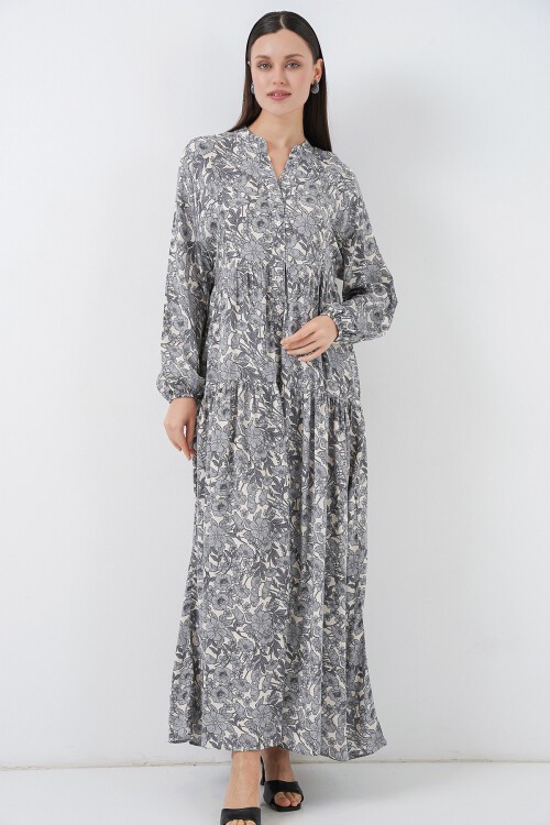 Kadın Desenli Uzun Tesettür Elbise 2585 - Gri