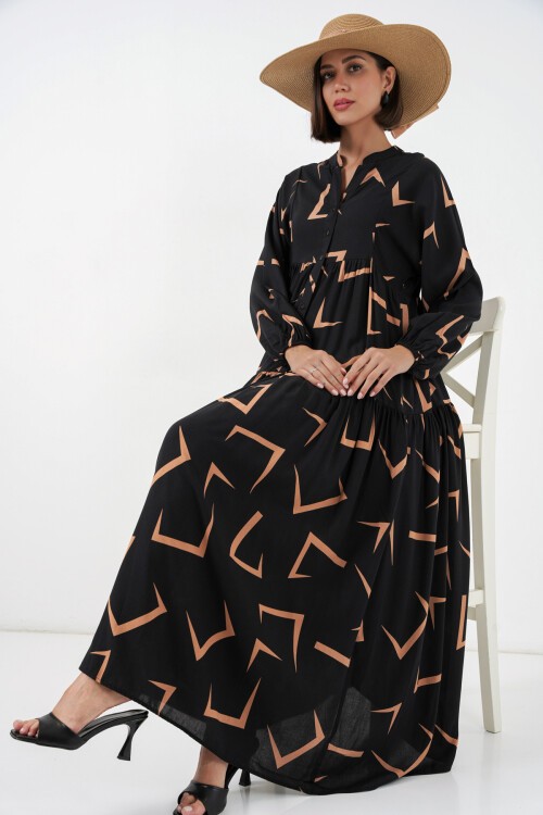 Kadın Desenli Uzun Tesettür Elbise 2585 - H. Siyah