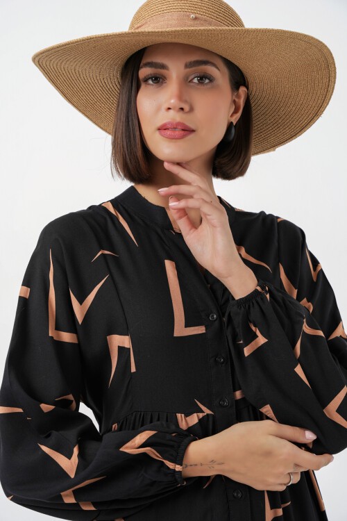 Kadın Desenli Uzun Tesettür Elbise 2585 - H. Siyah