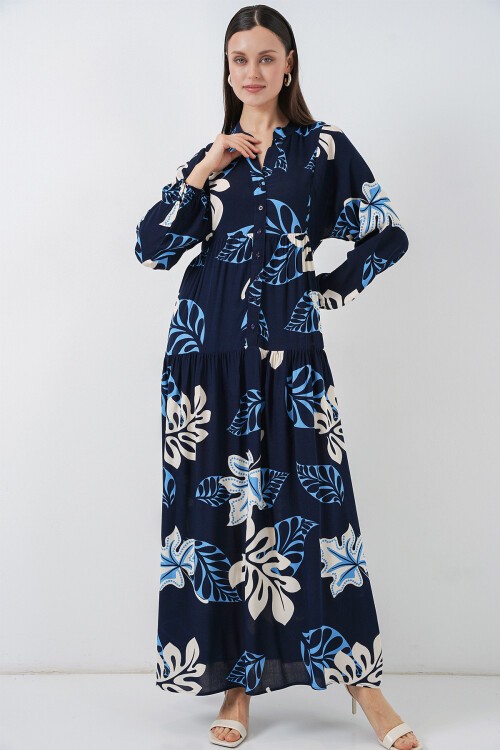 Kadın Desenli Uzun Tesettür Elbise 2585 - Lacivert 2