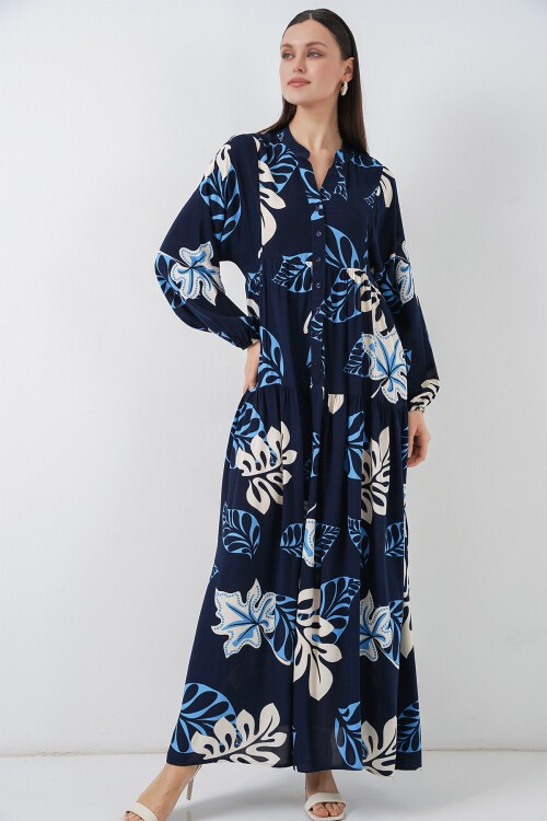 Kadın Desenli Uzun Tesettür Elbise 2585 - Lacivert 2