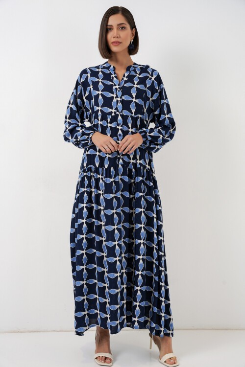 Kadın Desenli Uzun Tesettür Elbise 2585 - M. Lacivert