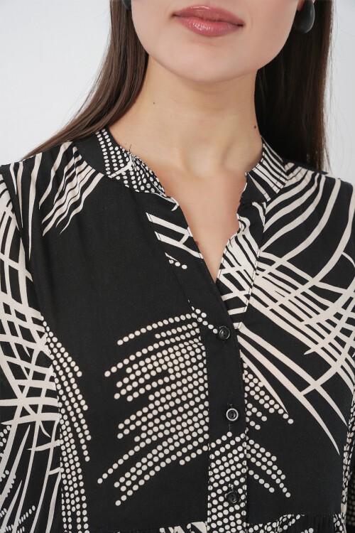 Kadın Desenli Uzun Tesettür Elbise 2585 - M.Siyah