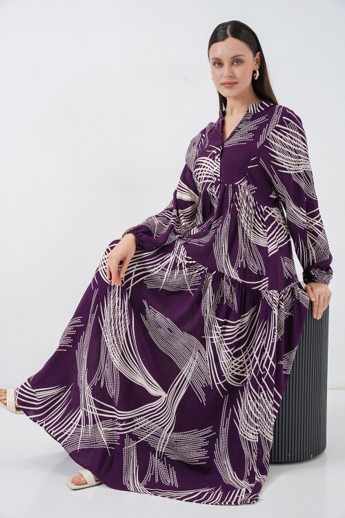 Kadın Desenli Uzun Tesettür Elbise 2585 - Mor