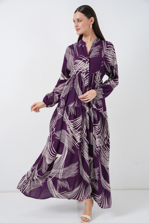 Kadın Desenli Uzun Tesettür Elbise 2585 - Mor