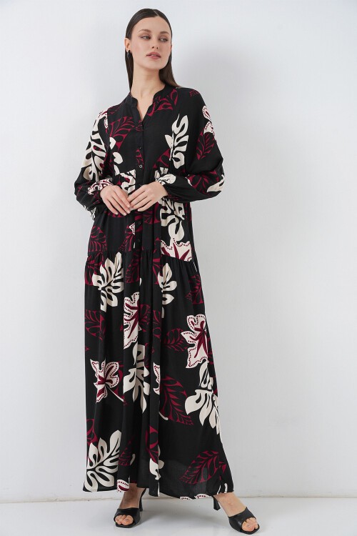 Kadın Desenli Uzun Tesettür Elbise 2585 - Z.Siyah