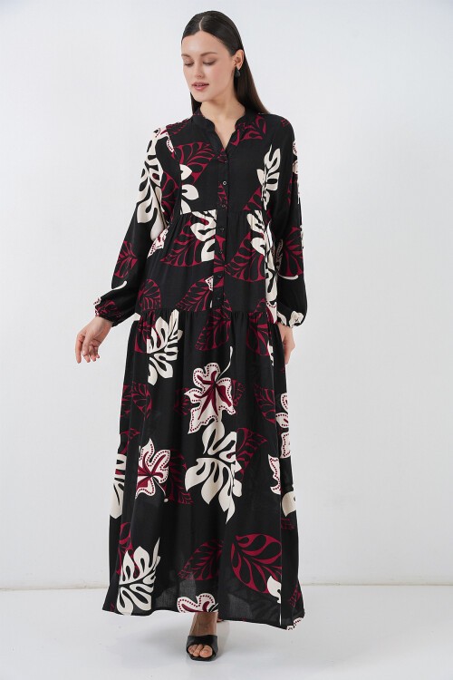 Kadın Desenli Uzun Tesettür Elbise 2585 - Z.Siyah