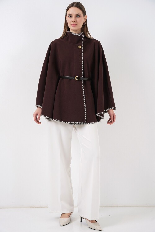 Kadın Dikiş Detaylı Kaşe Panço 9166 - Kahverengi