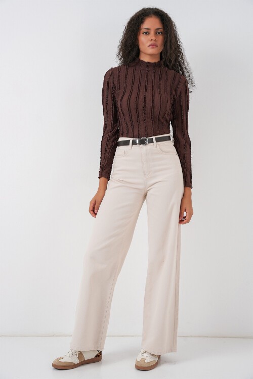 Kadın Dokulu Esnek Örme Bluz 975 - Kahverengi