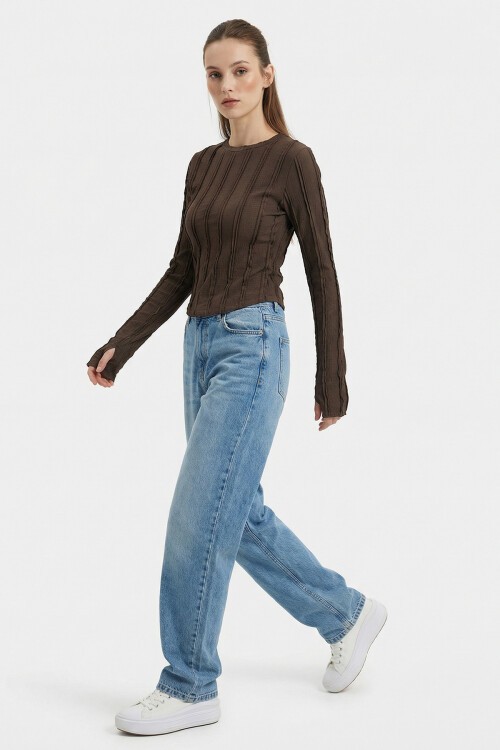 Kadın Dokulu Örme Bluz 980 - Kahverengi