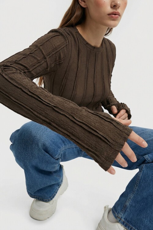 Kadın Dokulu Örme Bluz 980 - Kahverengi