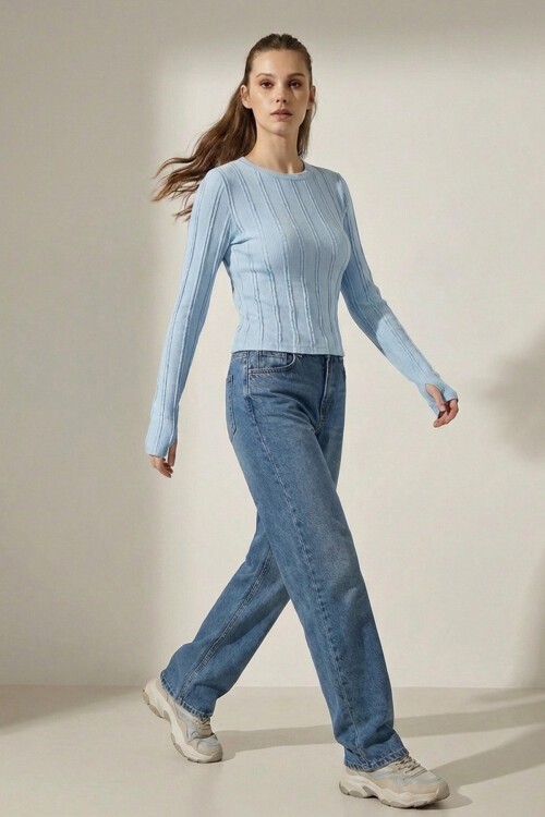 Kadın Dokulu Örme Bluz 980 - Mavi