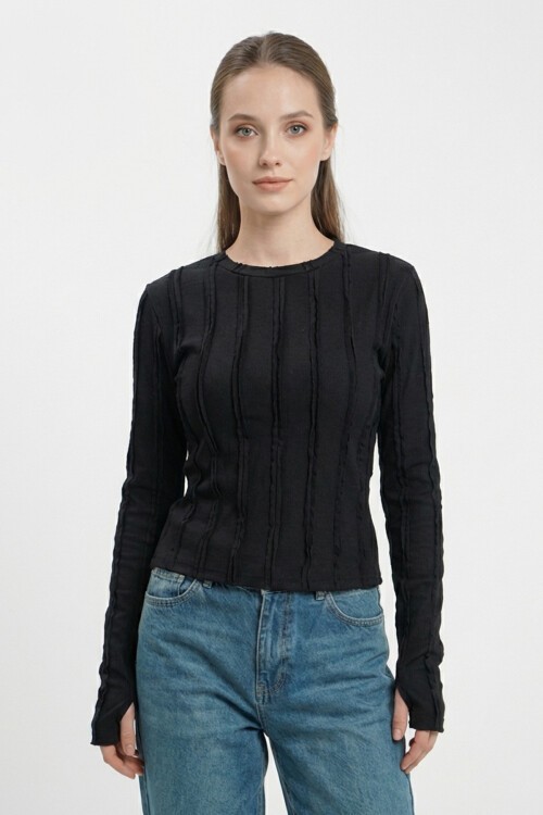 Kadın Dokulu Örme Bluz 980 - Siyah