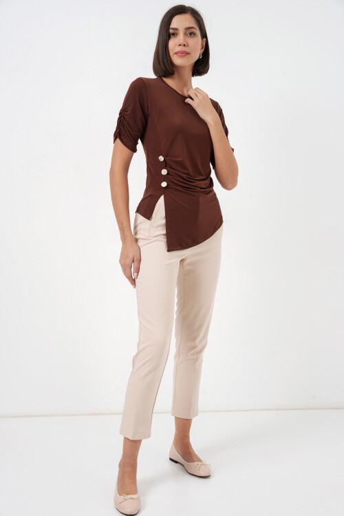 Kadın Düğme Detaylı Sandy Bluz 992 - Kahverengi