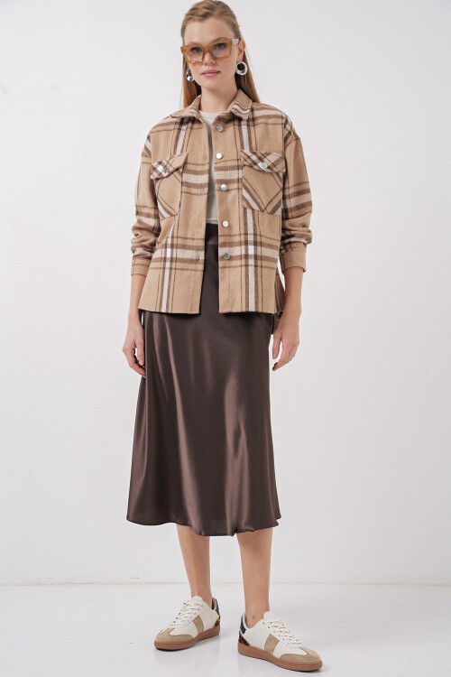Kadın Ekose Desen Oversize Oduncu Gömlek 3854 - A.Bej