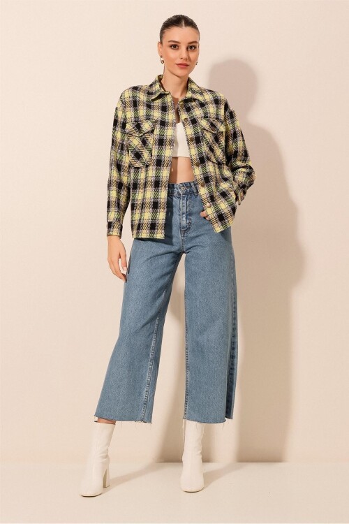Kadın Ekose Desen Oversize Oduncu Gömlek 3854 - A.Yeşil