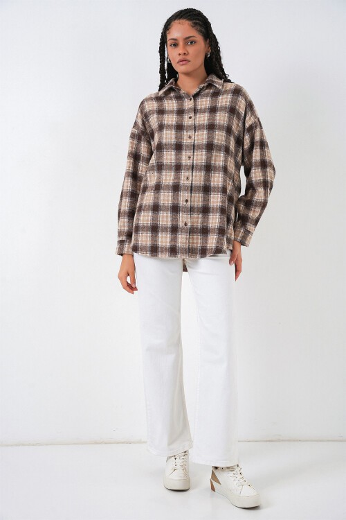 Kadın Ekose Desen Oversize Oduncu Gömlek 3854 - E. Kahve