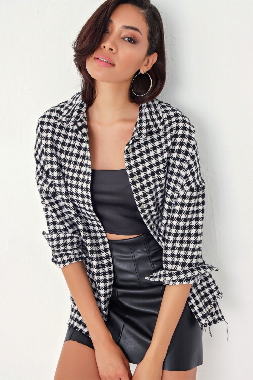 Kadın Ekose Desen Oversize Oduncu Gömlek 3854 - Siyah - Beyaz