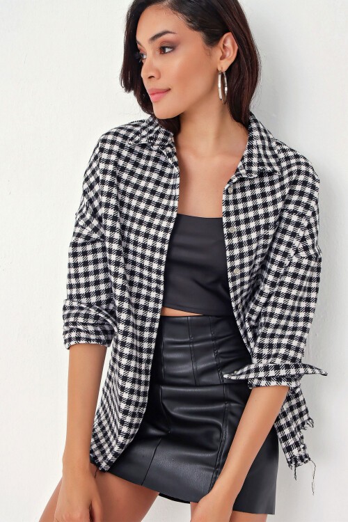 Kadın Ekose Desen Oversize Oduncu Gömlek 3854 - Siyah - Beyaz