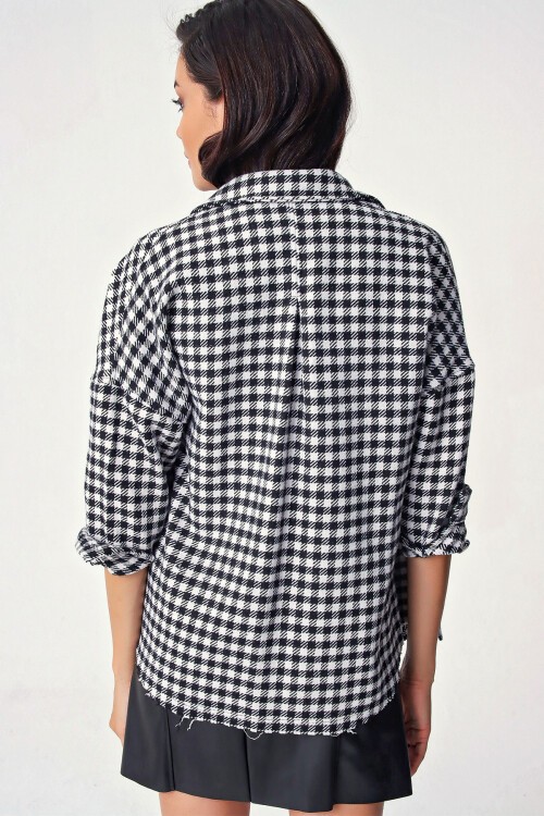 Kadın Ekose Desen Oversize Oduncu Gömlek 3854 - Siyah - Beyaz