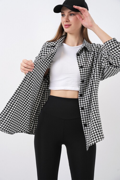 Kadın Ekose Desen Oversize Oduncu Gömlek 3854 - Siyah - Beyaz