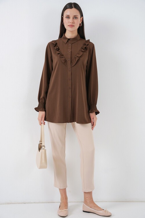 Kadın Fırfırlı Uzun Gömlek Tunik 5986 - Kahverengi