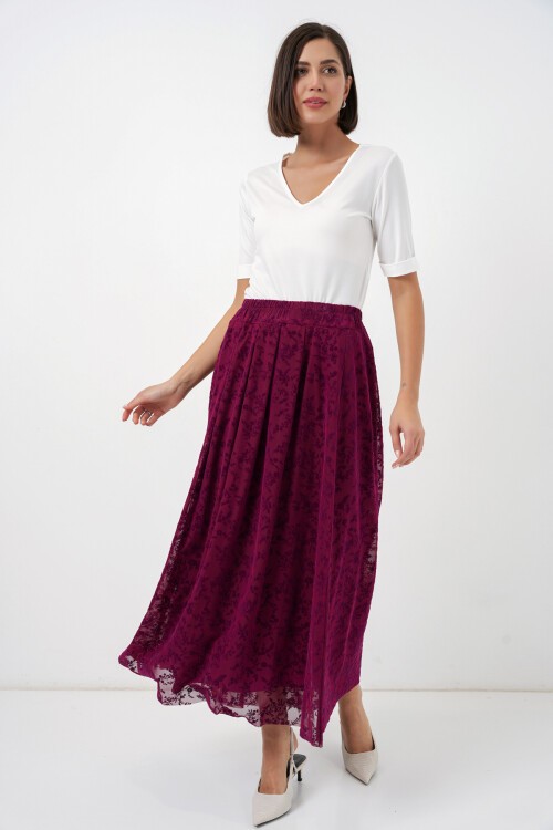 Kadın Flok Baskılı Astarlı Etek 8069 - Mürdüm