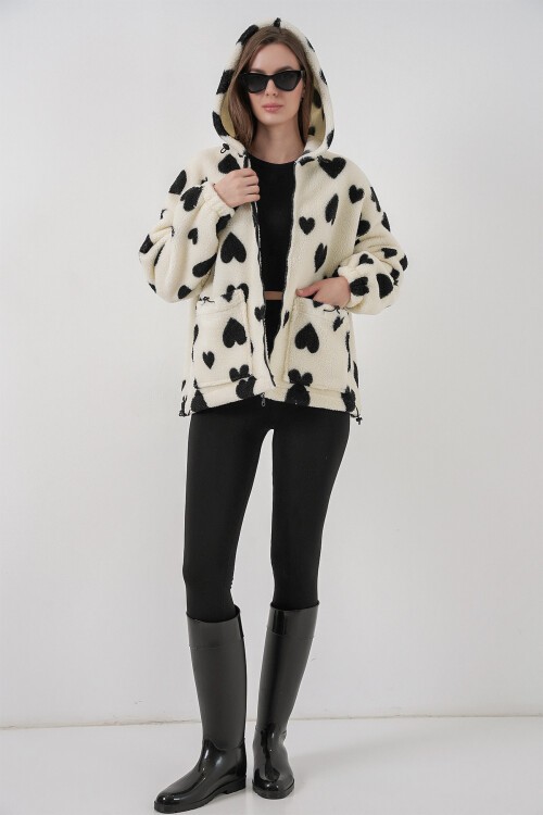 Kadın Kapüşonlu Peluş Ceket 5236 - Ekru