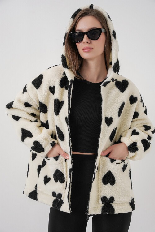 Kadın Kapüşonlu Peluş Ceket 5236 - Ekru