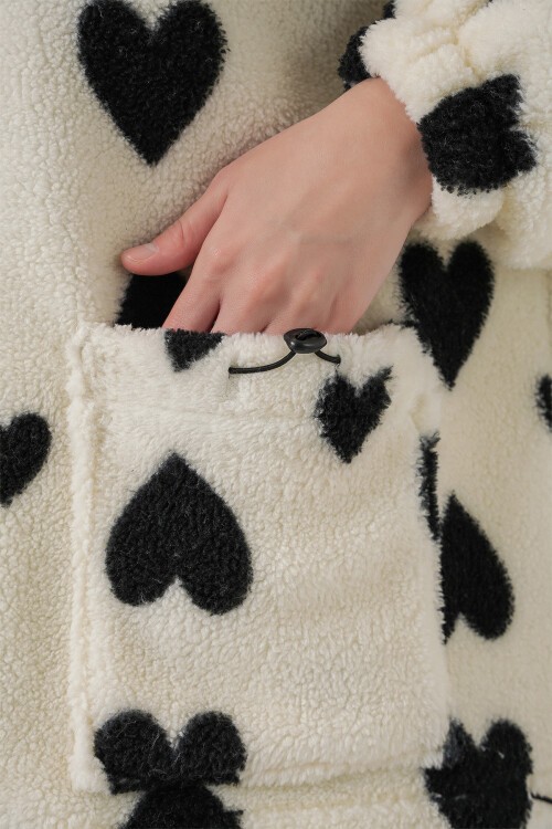 Kadın Kapüşonlu Peluş Ceket 5236 - Ekru