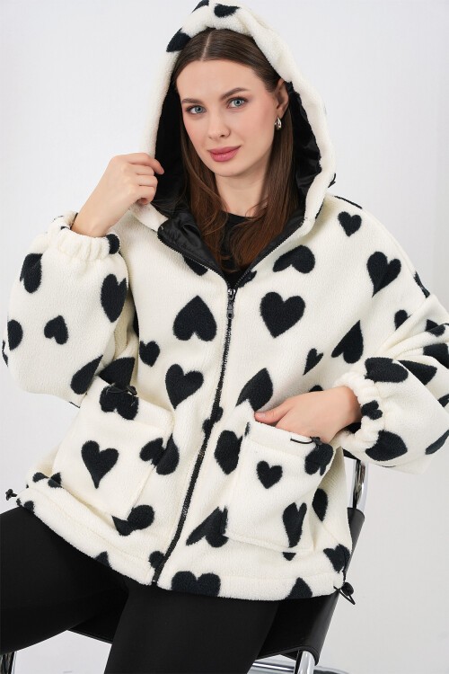 Kadın Kapüşonlu Peluş Ceket 5236 - Ekru