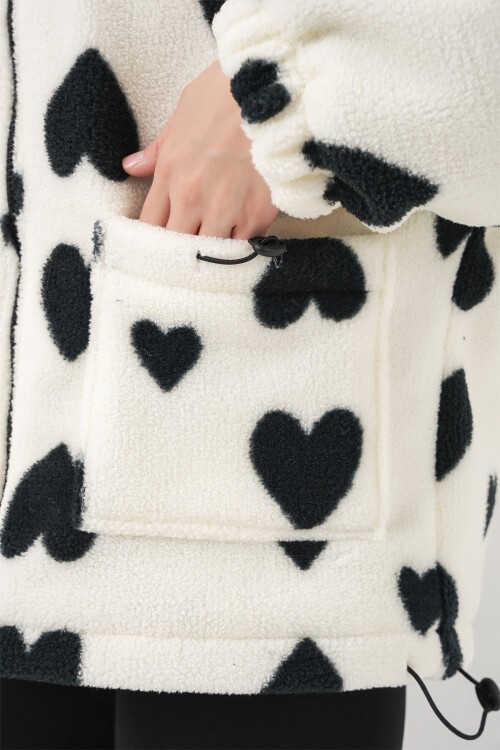 Kadın Kapüşonlu Peluş Ceket 5236 - Ekru