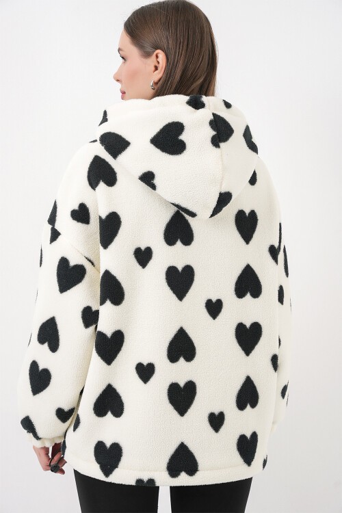 Kadın Kapüşonlu Peluş Ceket 5236 - Ekru