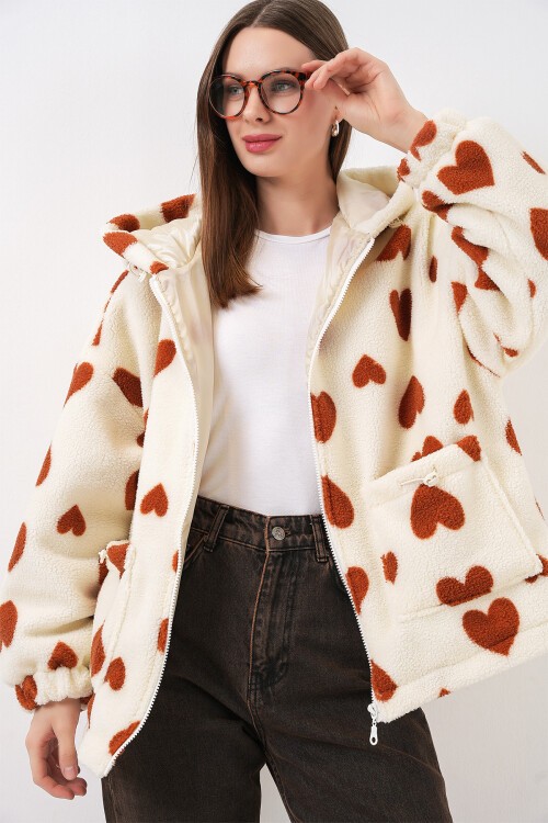 Kadın Kapüşonlu Peluş Ceket 5236 - Taba