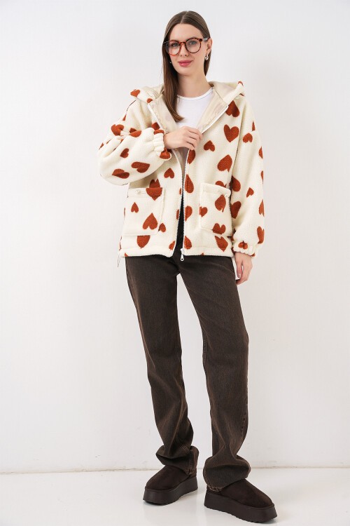 Kadın Kapüşonlu Peluş Ceket 5236 - Taba