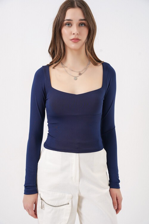 Kadın Kare Yaka Slim Fit Bluz 986 - Lacivert