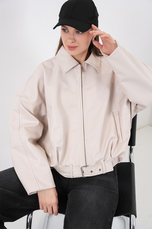 Kadın Kemer Detaylı Deri Ceket 1056 - Ekru