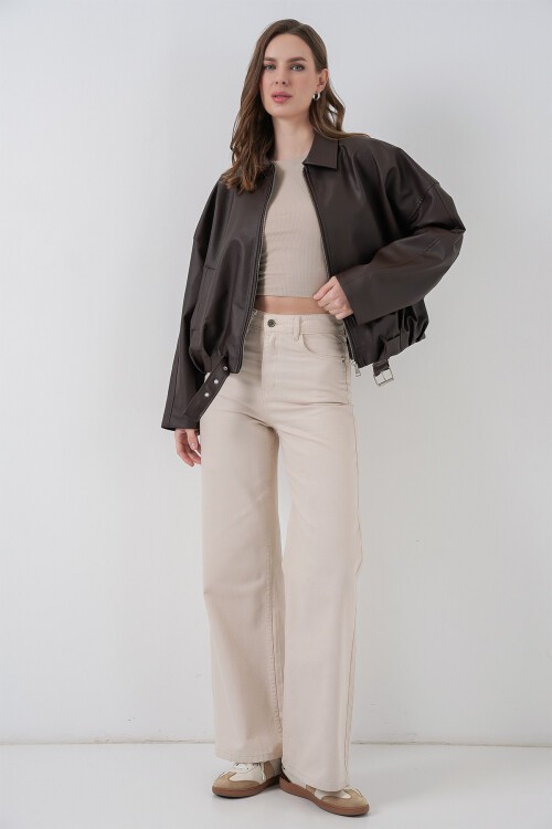 Kadın Kemer Detaylı Deri Ceket 1056 - Kahverengi