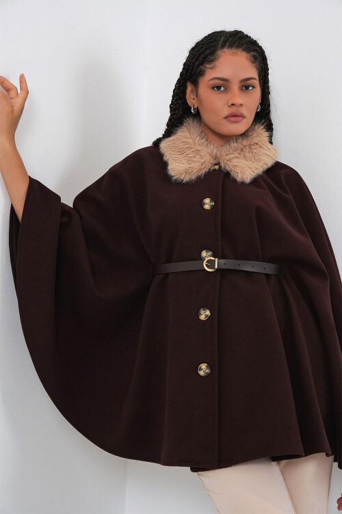 Kadın Kemerli Kaşe Panço 9165 - Kahverengi