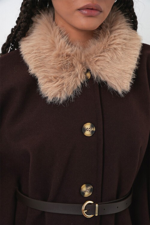 Kadın Kemerli Kaşe Panço 9165 - Kahverengi