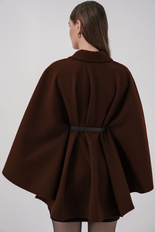 Kadın Kemerli Kaşe Panço 9170 - Kahverengi